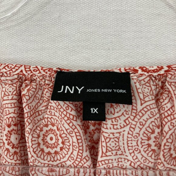 Jones New York Red Tan Patterned 3/4 Sleeve Peasant Popover Blouse 1X Soft Rayon - Picture 2 of 11